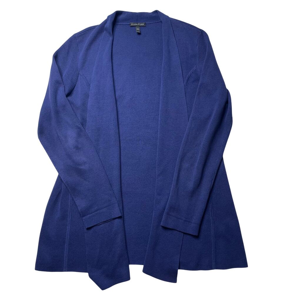Eileen Fisher Open Front Long Cardigan Sweater Blue Sz Medium Silk Cotton Blend